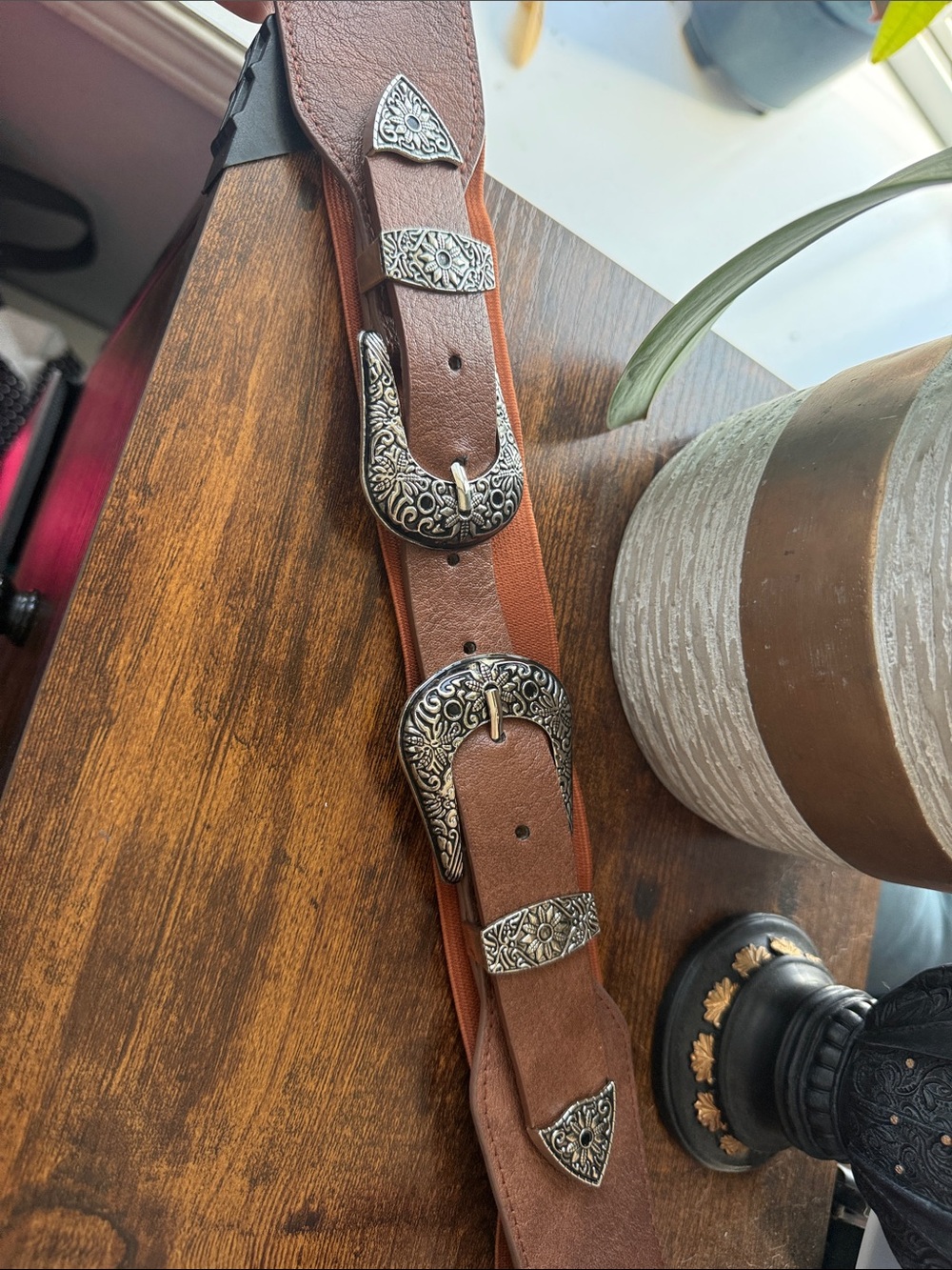 SHEIN Brown Western Triple Buckle Leather Belt with Silver Floral Hardware